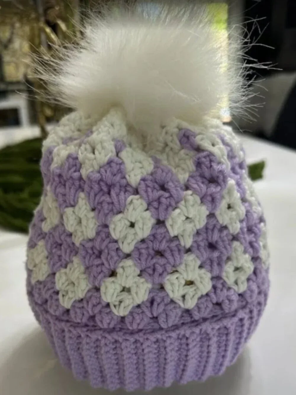 Handmade Crochet Hat for Girls 10–14 Lilac & White Winter Beanie with Pom Pom